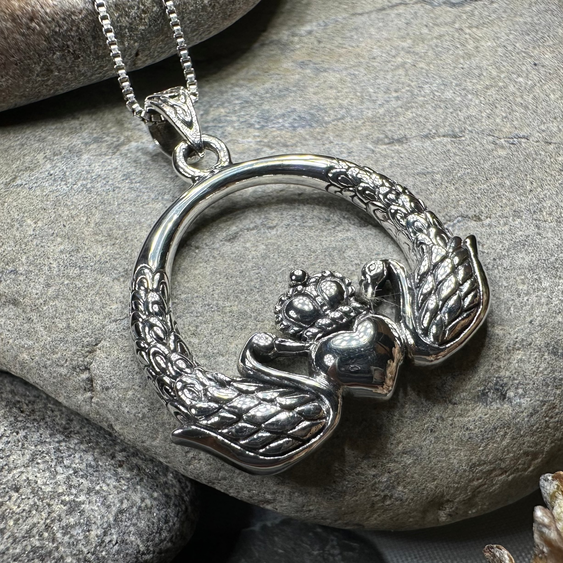 Loving Swan Irish Claddagh Necklace in Sterling Silver — view 6