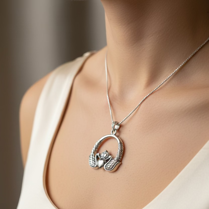 Loving Swan Irish Claddagh Necklace in Sterling Silver