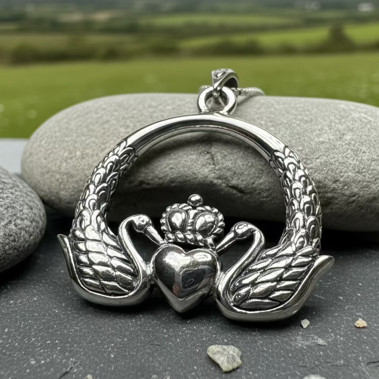 Loving Swan Irish Claddagh Necklace in Sterling Silver