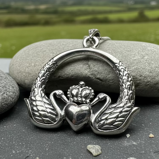 Loving Swan Irish Claddagh Necklace in Sterling Silver