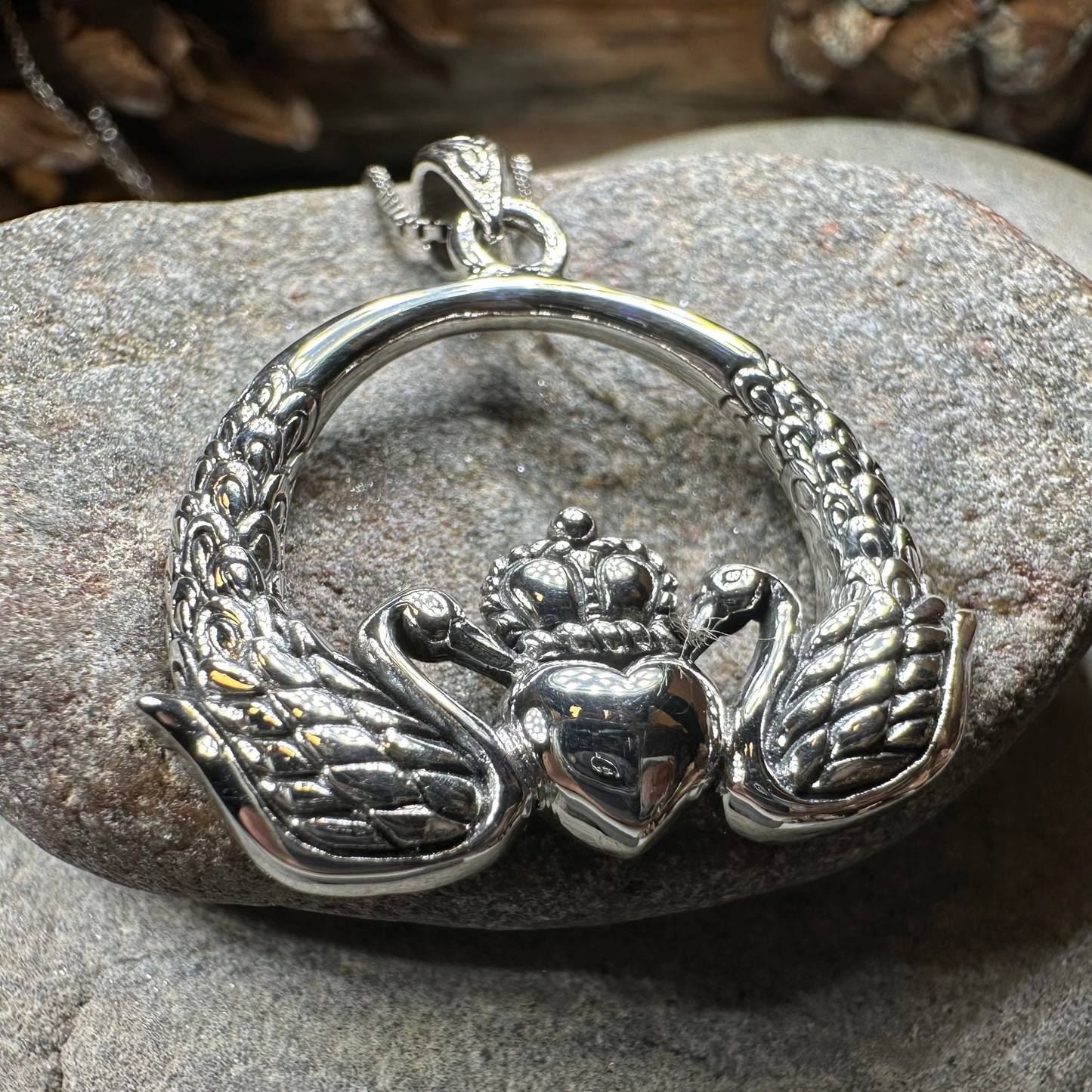 Loving Swan Irish Claddagh Necklace in Sterling Silver — view 7