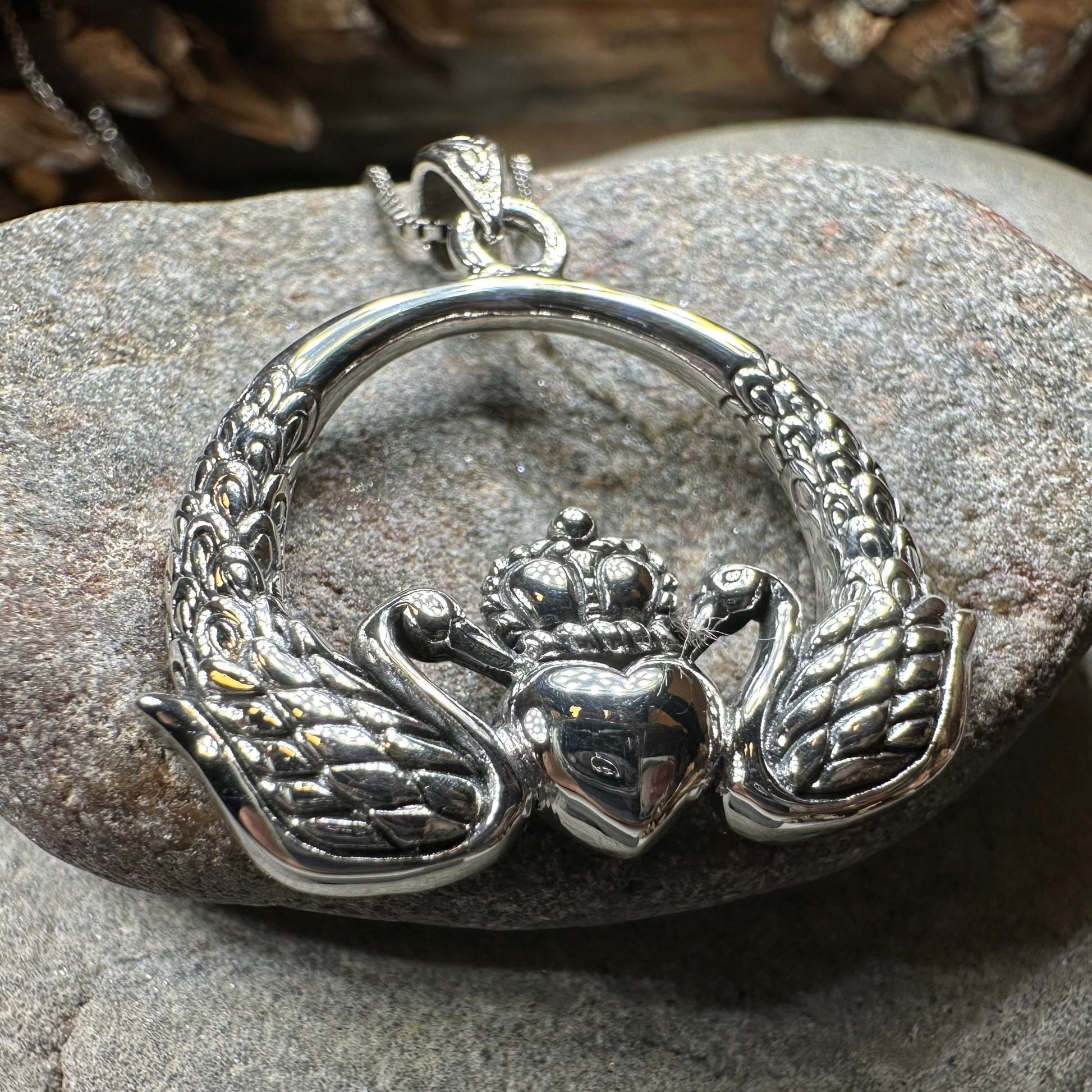 Loving Swan Irish Claddagh Necklace in Sterling Silver — view 7