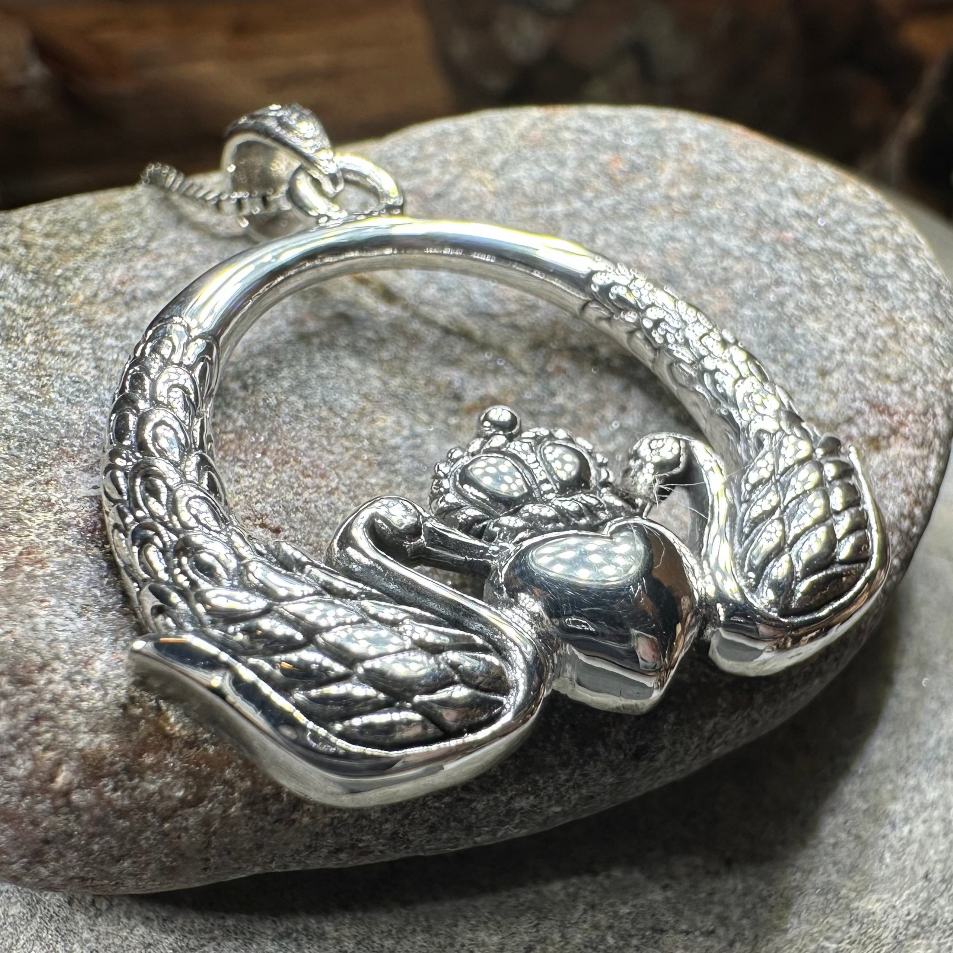 Loving Swan Irish Claddagh Necklace in Sterling Silver — view 3