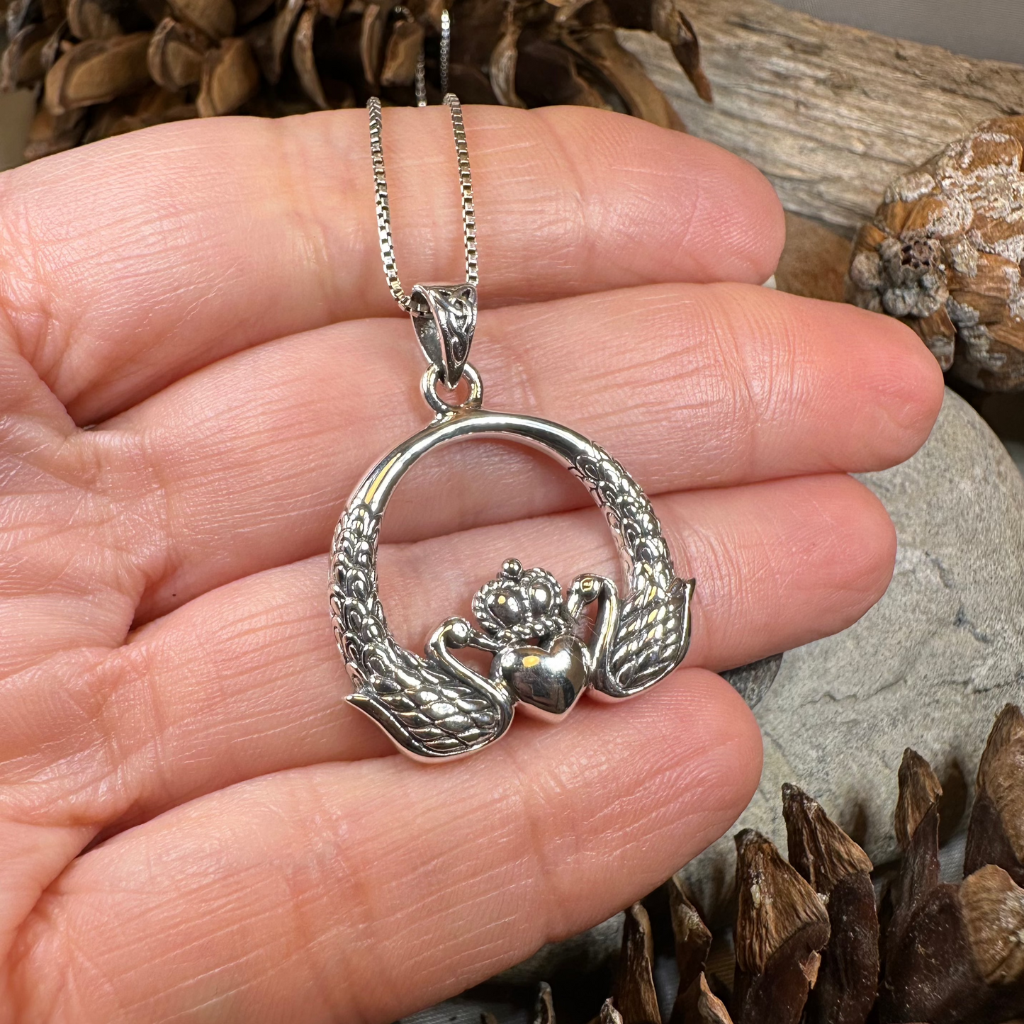 Loving Swan Irish Claddagh Necklace in Sterling Silver — view 5
