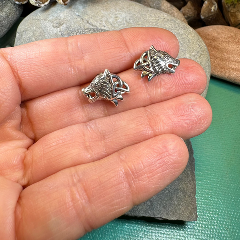 Load image into Gallery viewer, Annar Celtic Wolf Earrings in Sterling Silver
