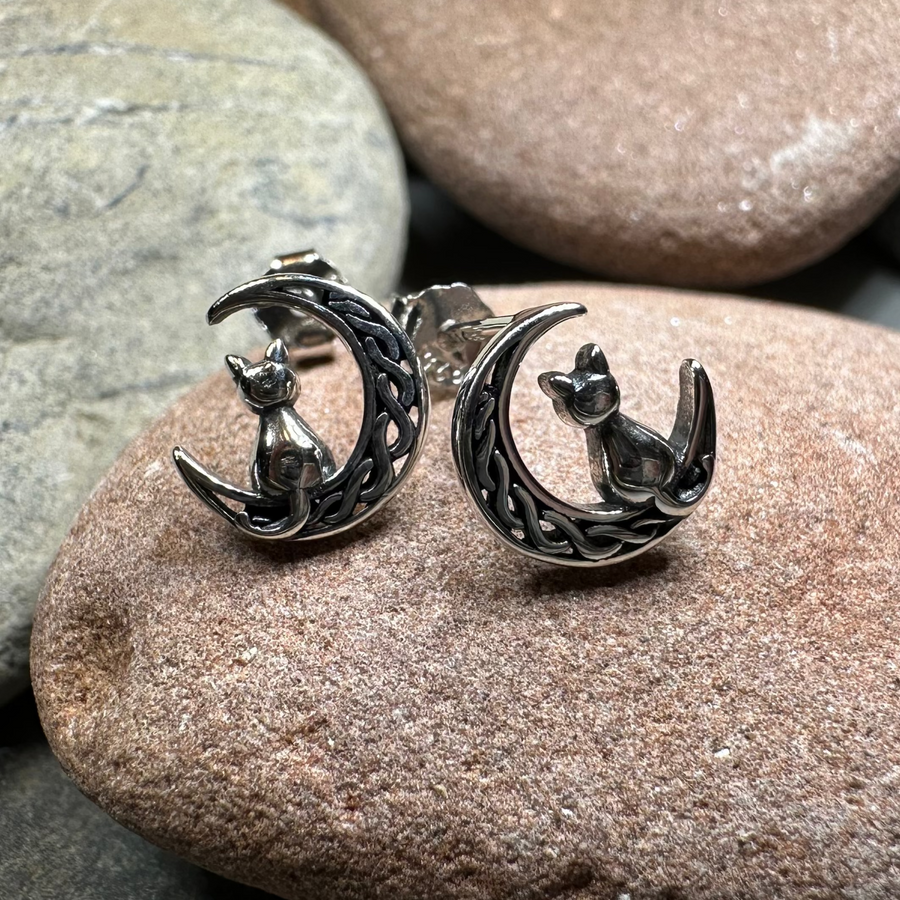 Celtic Cat & Crescent Moon Stud Earrings in Sterling Silver