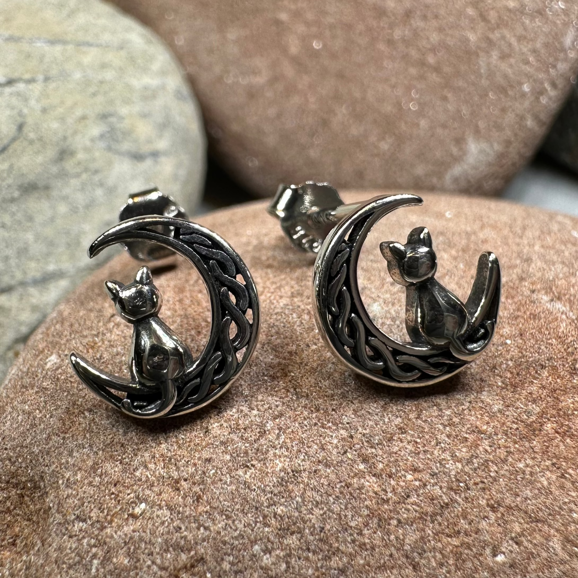 Celtic Cat & Crescent Moon Stud Earrings in Sterling Silver — view 6