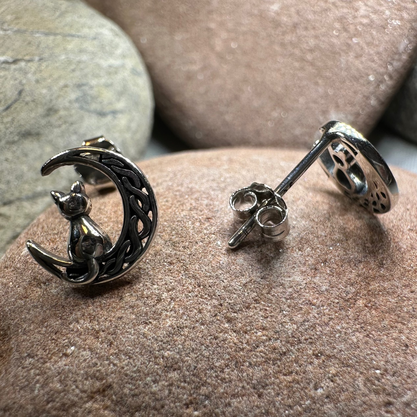 Celtic Cat & Crescent Moon Stud Earrings in Sterling Silver — view 5
