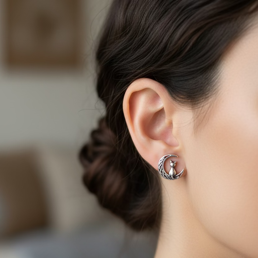 Celtic Cat & Crescent Moon Stud Earrings in Sterling Silver