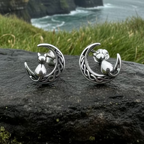 Celtic Cat & Crescent Moon Stud Earrings in Sterling Silver