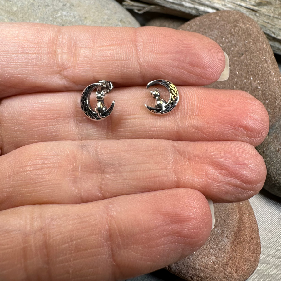 Celtic Cat & Crescent Moon Stud Earrings in Sterling Silver