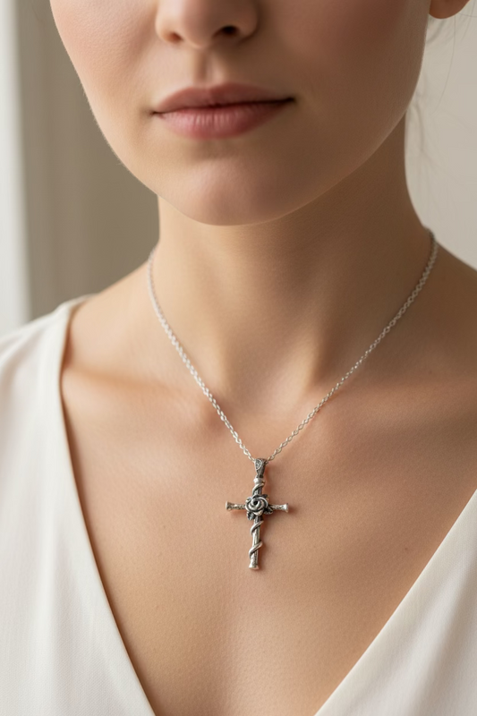 Spiritual Celtic Cross Rose Necklace in Sterling Silver
