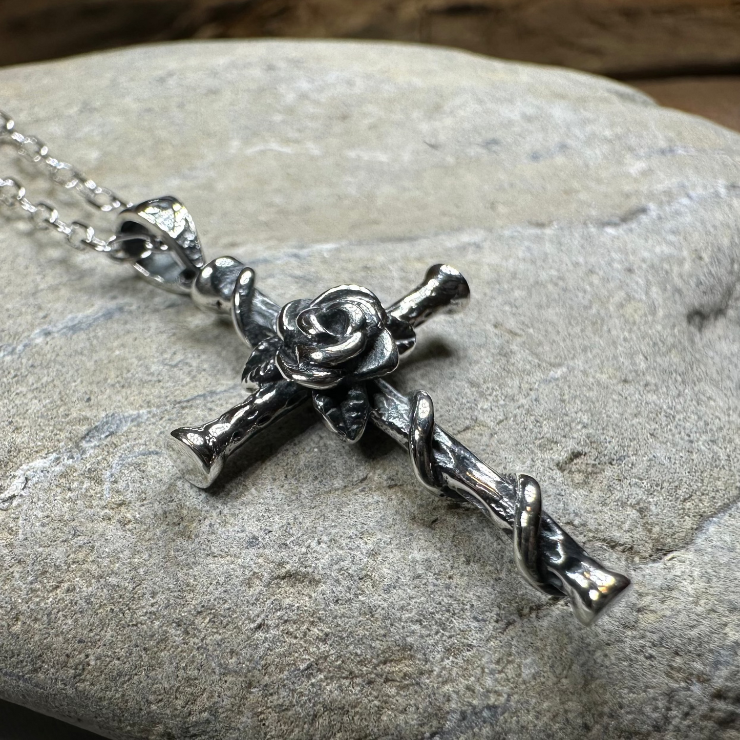 Spiritual Celtic Cross Rose Necklace in Sterling Silver
