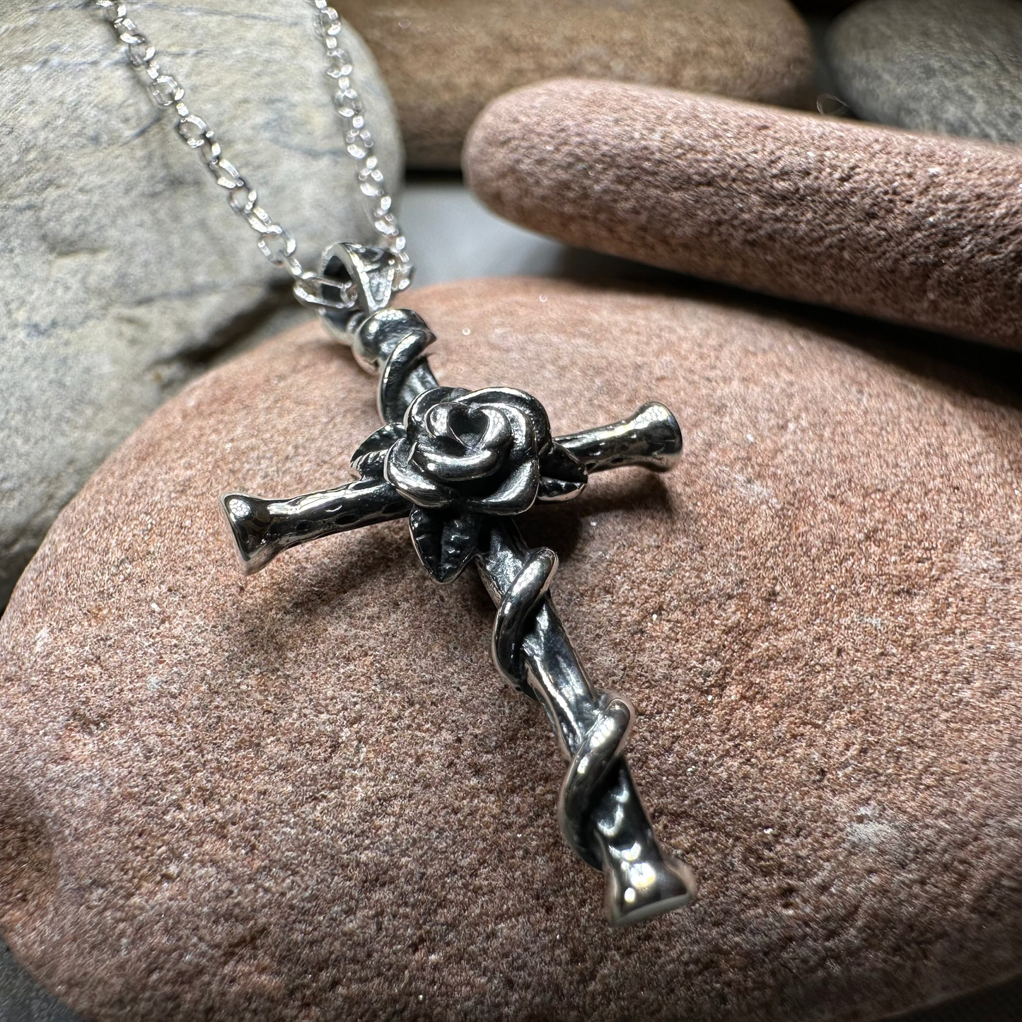 Spiritual Celtic Cross Rose Necklace in Sterling Silver