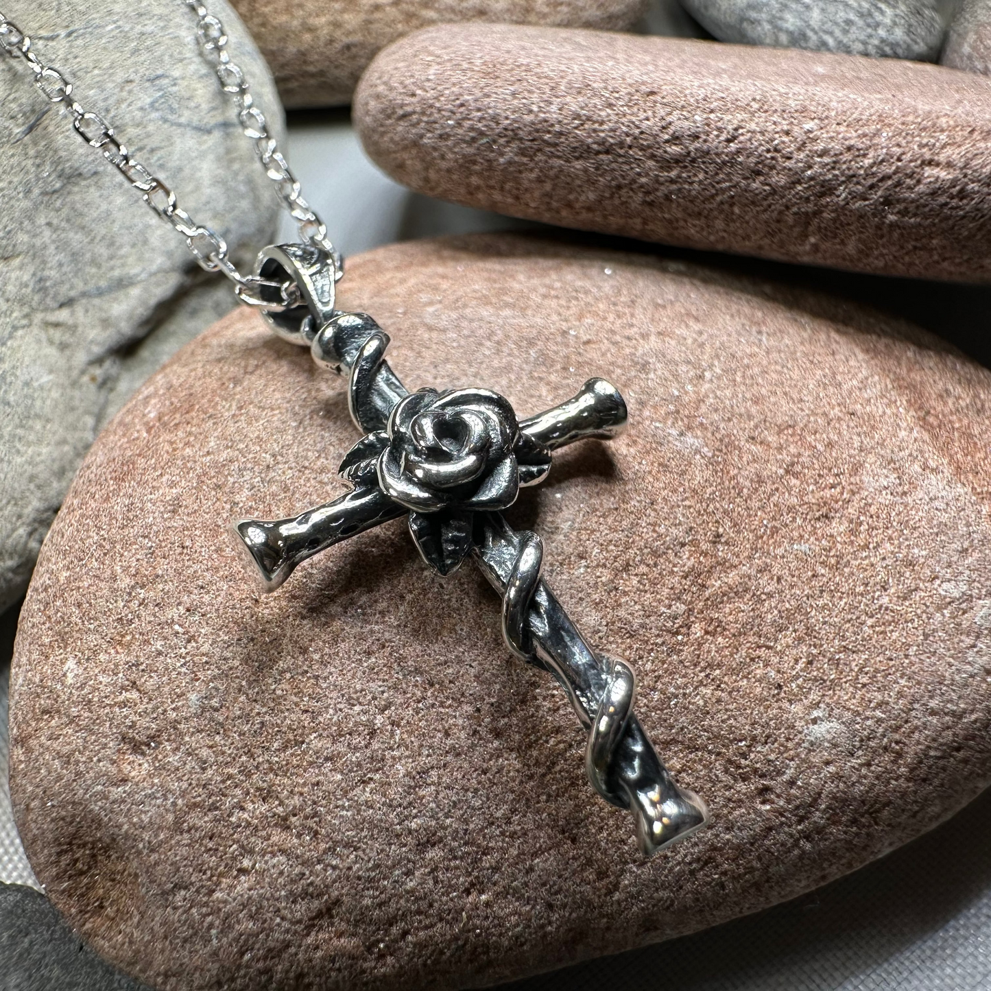 Spiritual Celtic Cross Rose Necklace in Sterling Silver