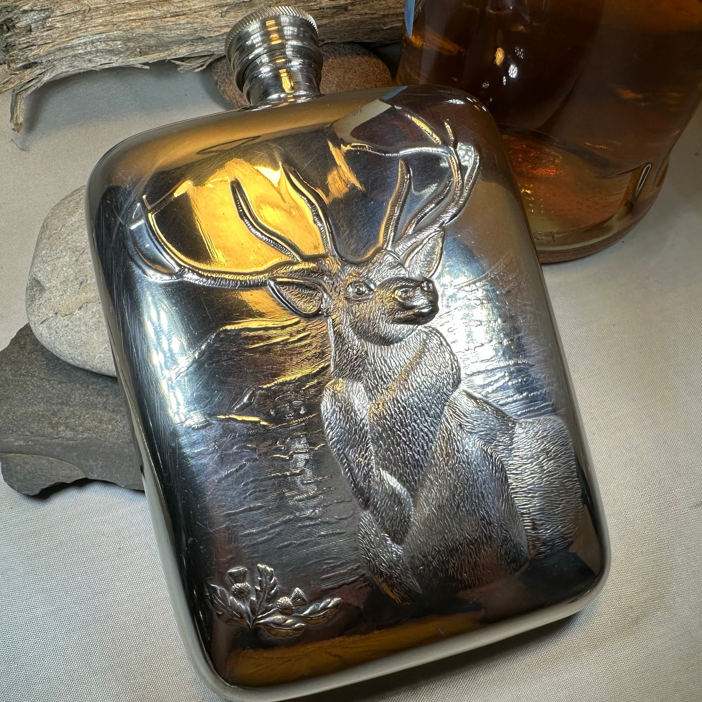 Forest King Stag Pewter Hip Flask - Handmade in England