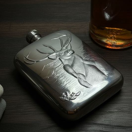 Forest King Stag Pewter Hip Flask - Handmade in England