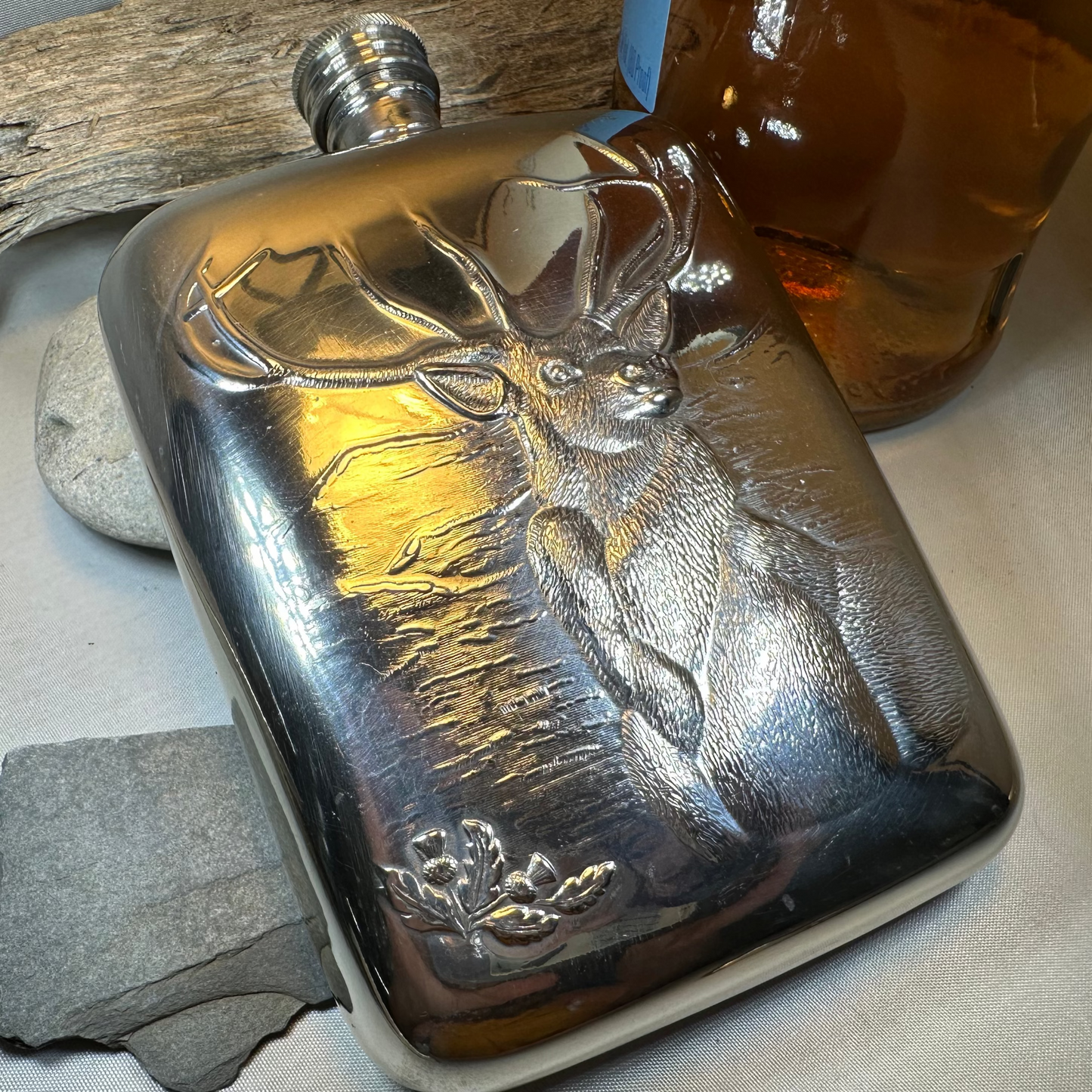 Forest King Stag Pewter Hip Flask - Handmade in England