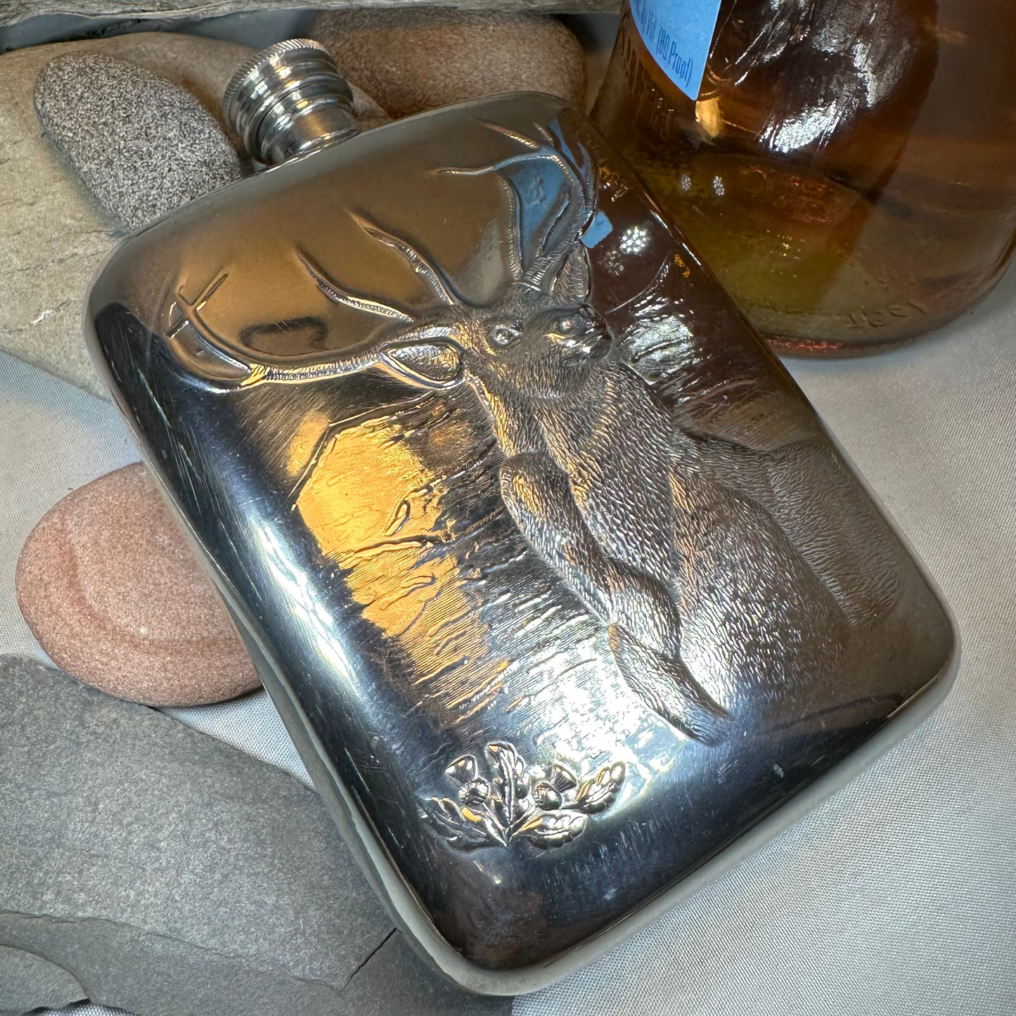 Forest King Stag Pewter Hip Flask - Handmade in England