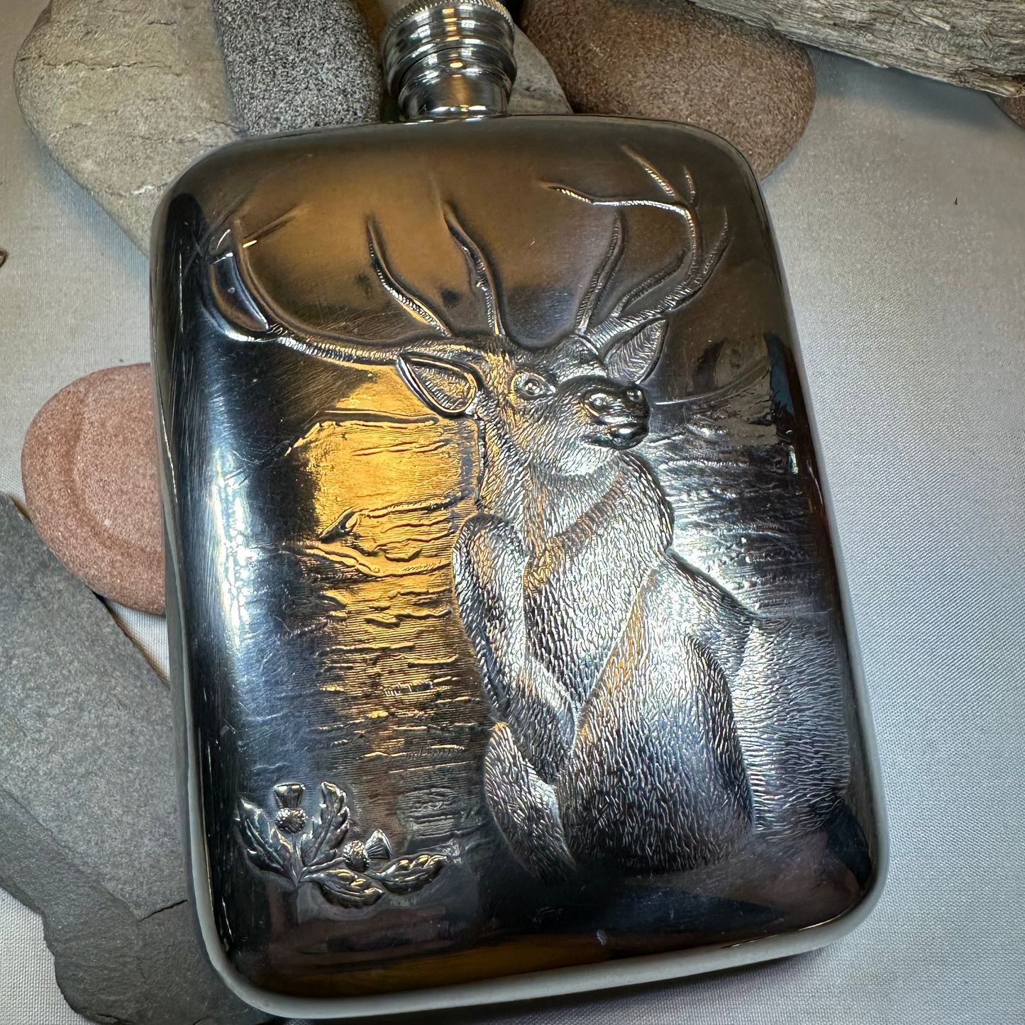 Forest King Stag Pewter Hip Flask - Handmade in England