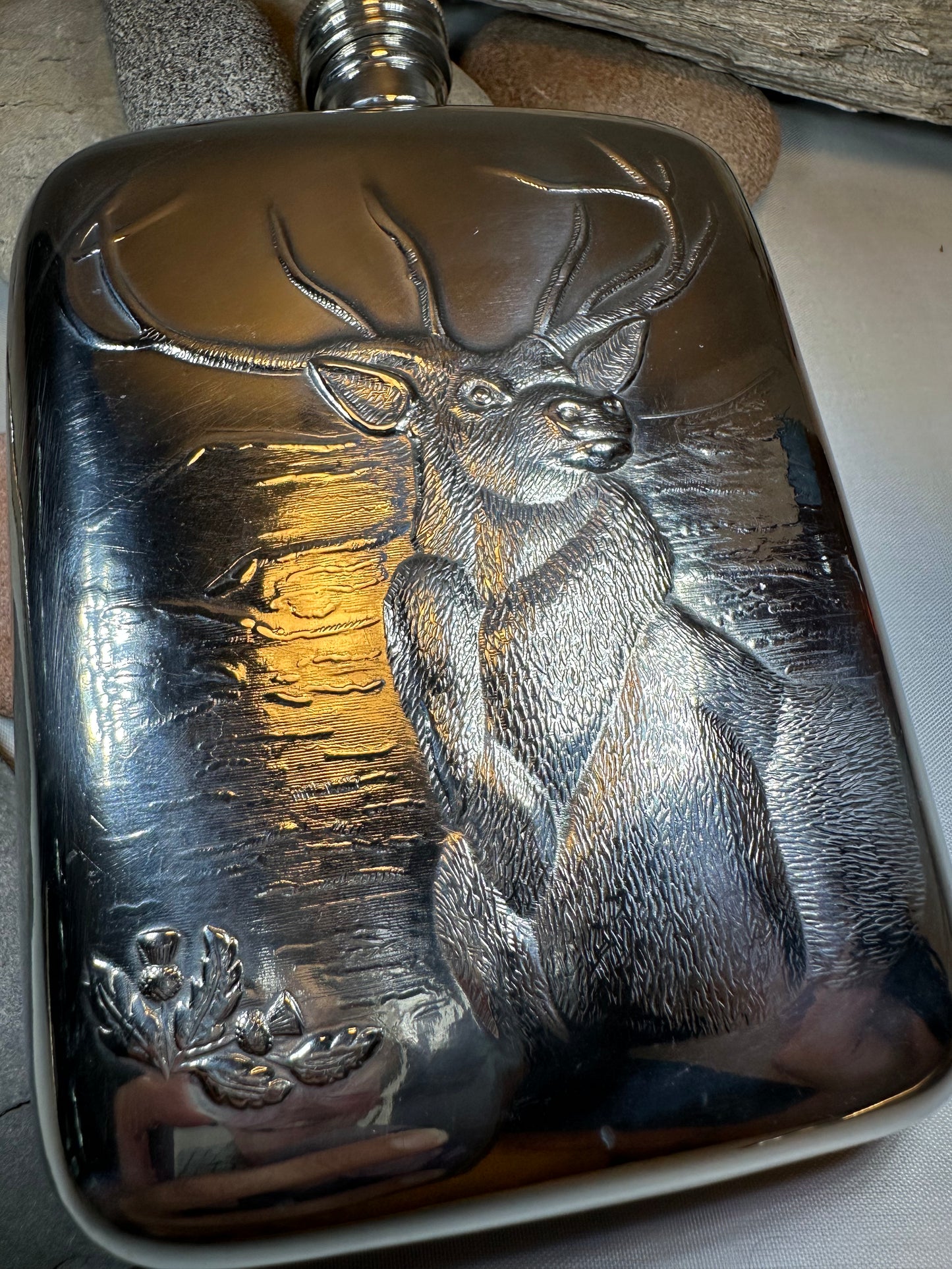 Forest King Stag Pewter Hip Flask - Handmade in England