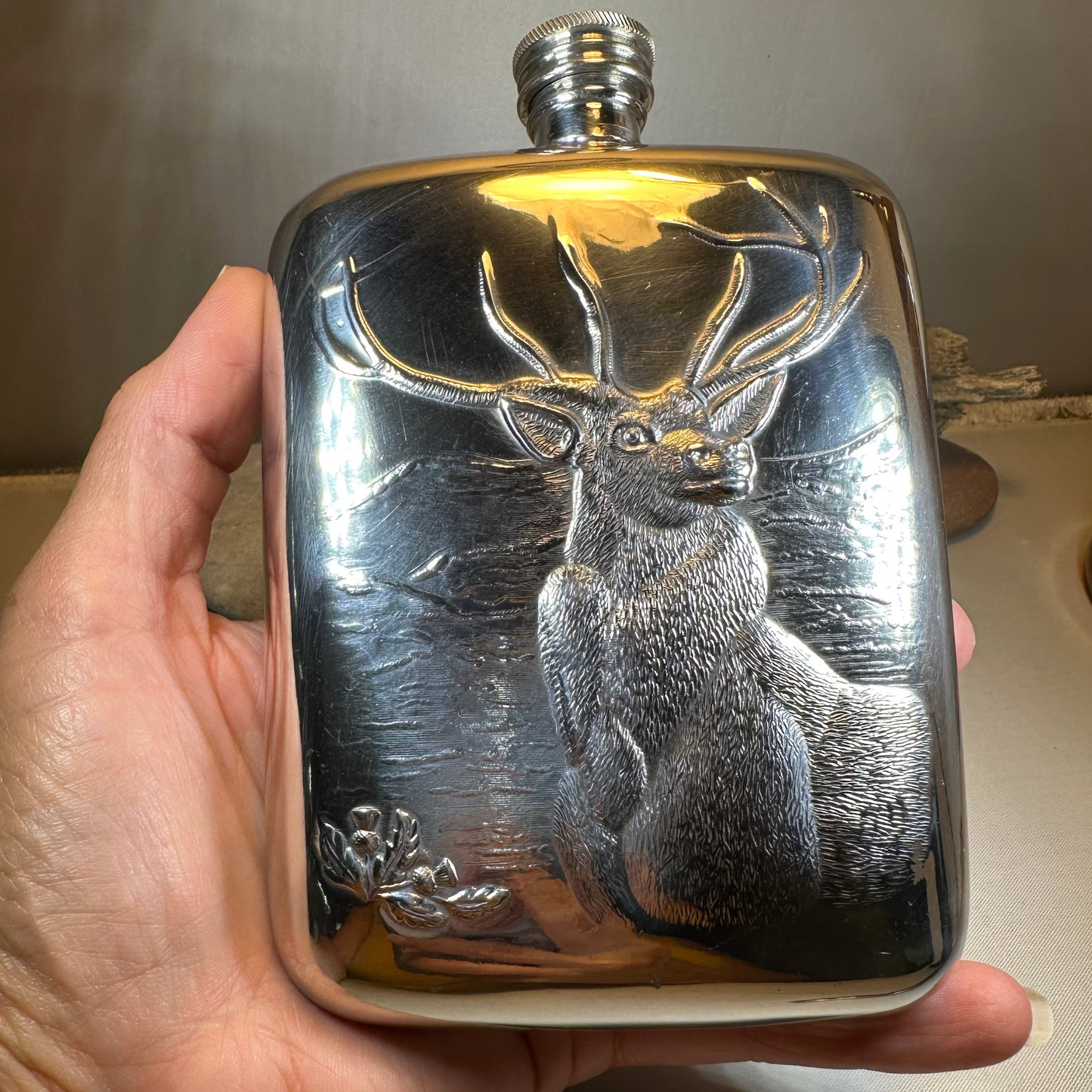 Forest King Stag Pewter Hip Flask - Handmade in England