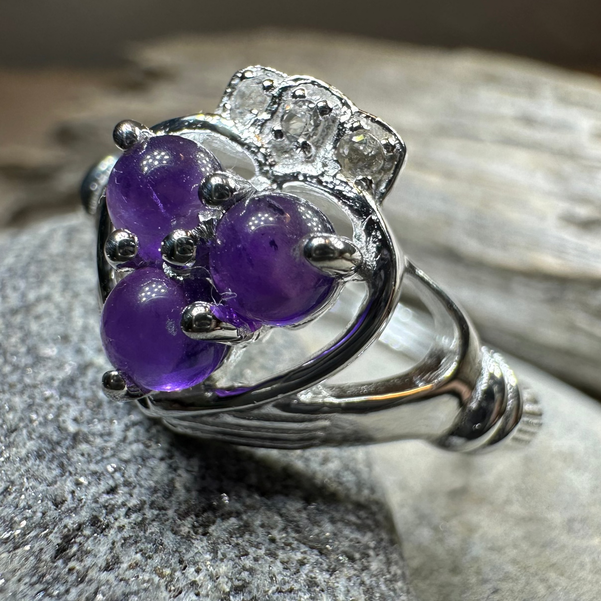 Eternity Amethyst Irish Claddagh Ring in Sterling Silver — view 9