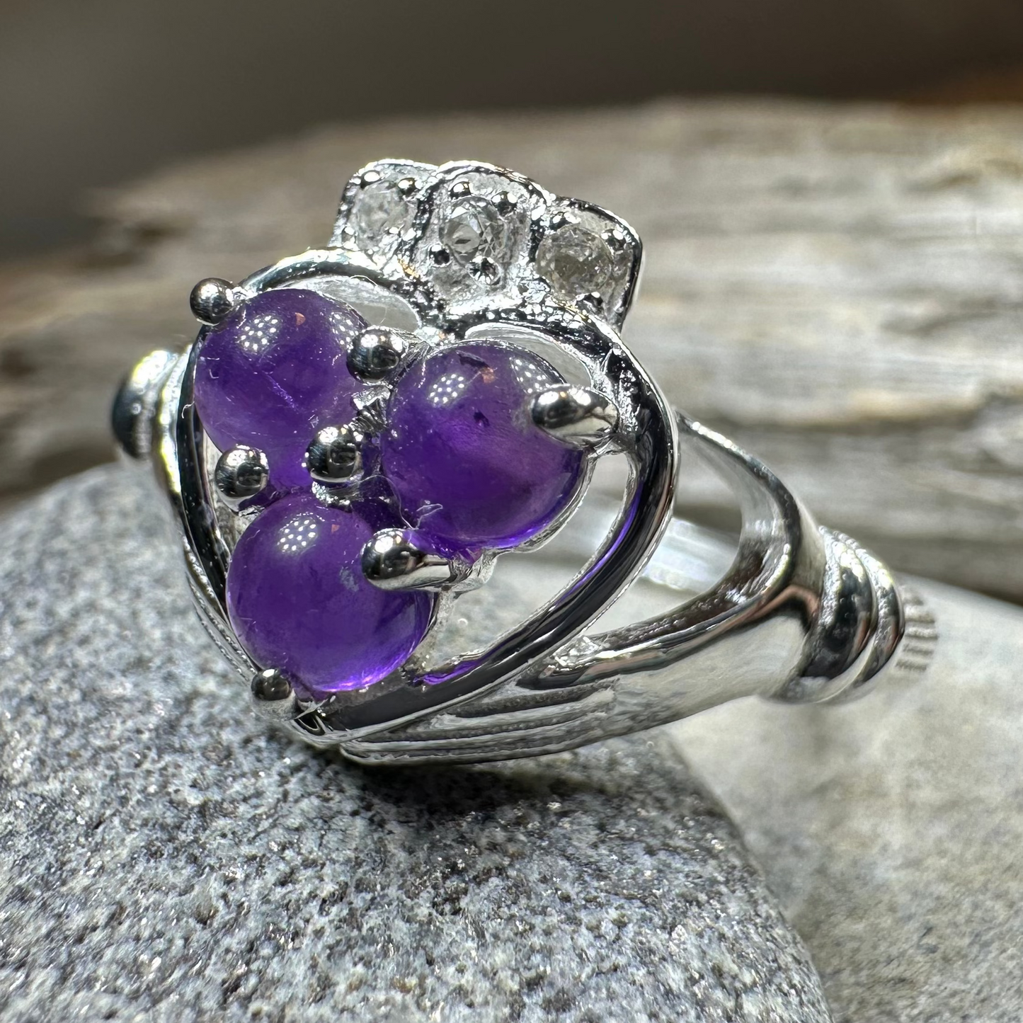 Eternity Amethyst Irish Claddagh Ring in Sterling Silver — view 7
