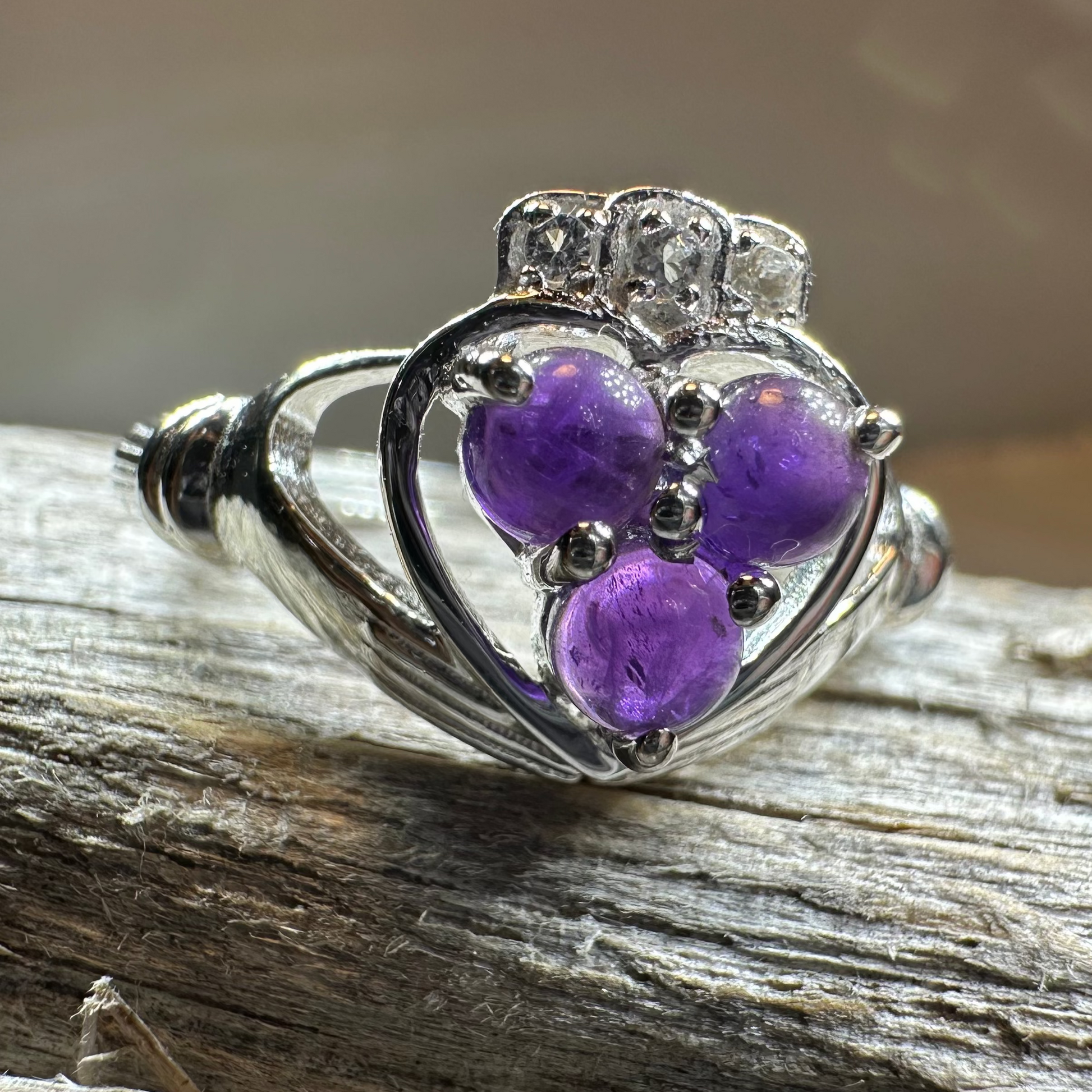 Eternity Amethyst Irish Claddagh Ring in Sterling Silver — view 3