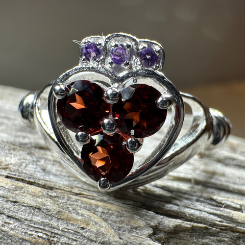 Load image into Gallery viewer, Irish True Love Garnet Claddagh Ring in Sterling Silver
