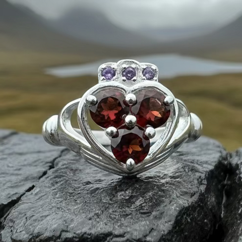 Load image into Gallery viewer, Irish True Love Garnet Claddagh Ring in Sterling Silver
