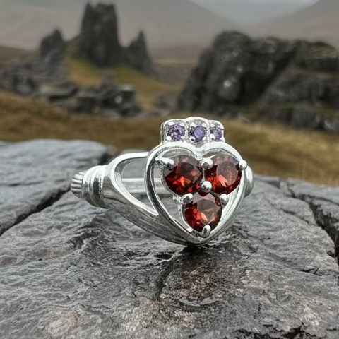 Load image into Gallery viewer, Irish True Love Garnet Claddagh Ring in Sterling Silver
