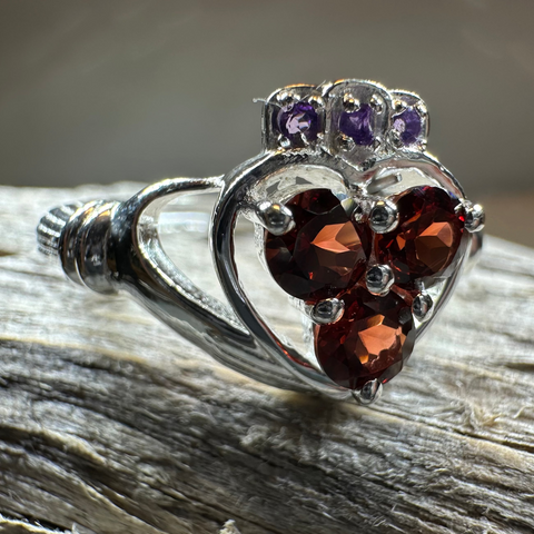 Load image into Gallery viewer, Irish True Love Garnet Claddagh Ring in Sterling Silver
