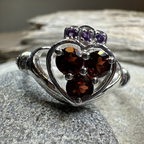 Load image into Gallery viewer, Irish True Love Garnet Claddagh Ring in Sterling Silver
