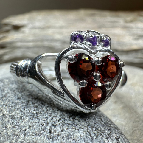 Load image into Gallery viewer, Irish True Love Garnet Claddagh Ring in Sterling Silver
