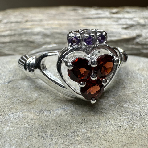 Load image into Gallery viewer, Irish True Love Garnet Claddagh Ring in Sterling Silver
