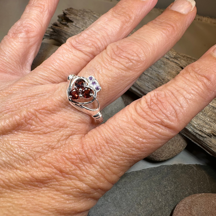 Irish True Love Garnet Claddagh Ring in Sterling Silver