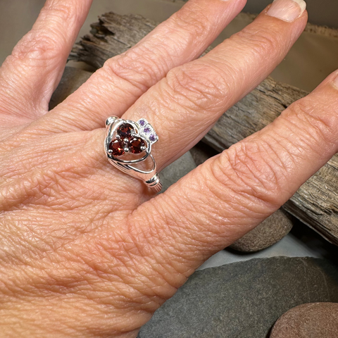 Load image into Gallery viewer, Irish True Love Garnet Claddagh Ring in Sterling Silver
