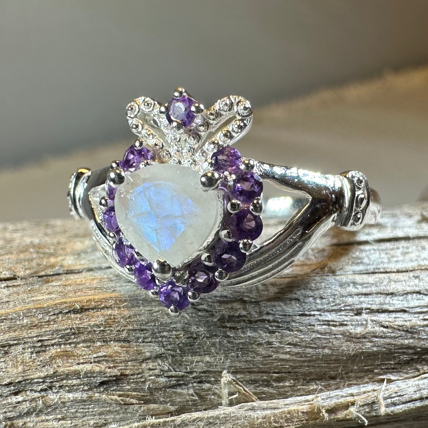Adore Moonstone Irish Claddagh Ring in Sterling Silver