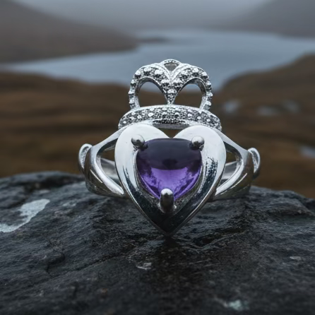 Noble Heart Amethyst Irish Claddagh Ring