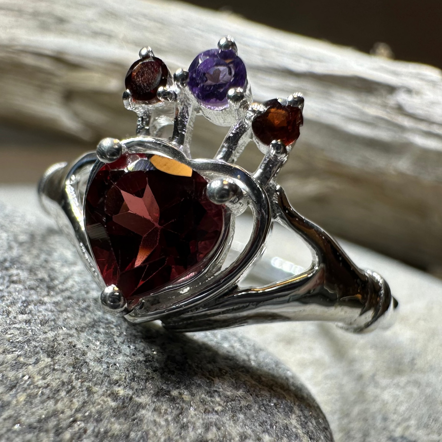 Royal Garnet Irish Claddagh Ring in Sterling Silver