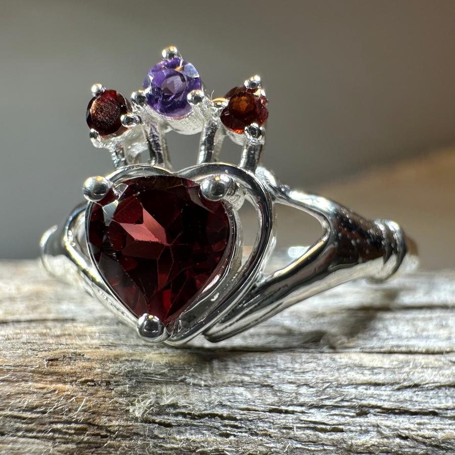 Royal Garnet Irish Claddagh Ring in Sterling Silver