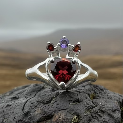 Royal Garnet Irish Claddagh Ring in Sterling Silver
