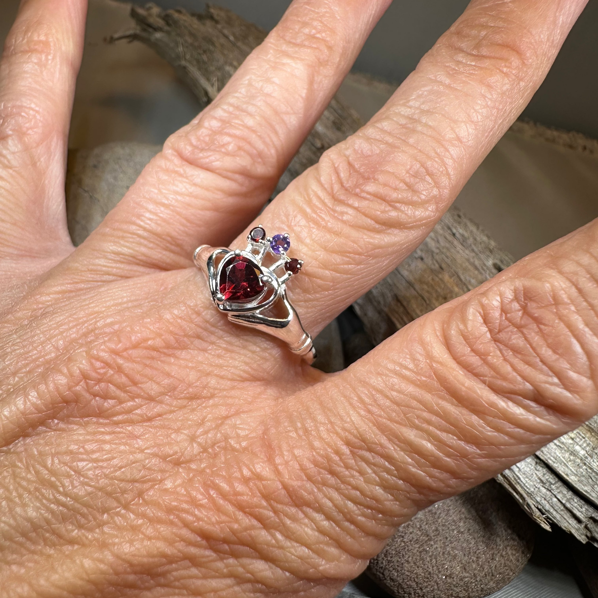 Royal Garnet Irish Claddagh Ring in Sterling Silver — view 9