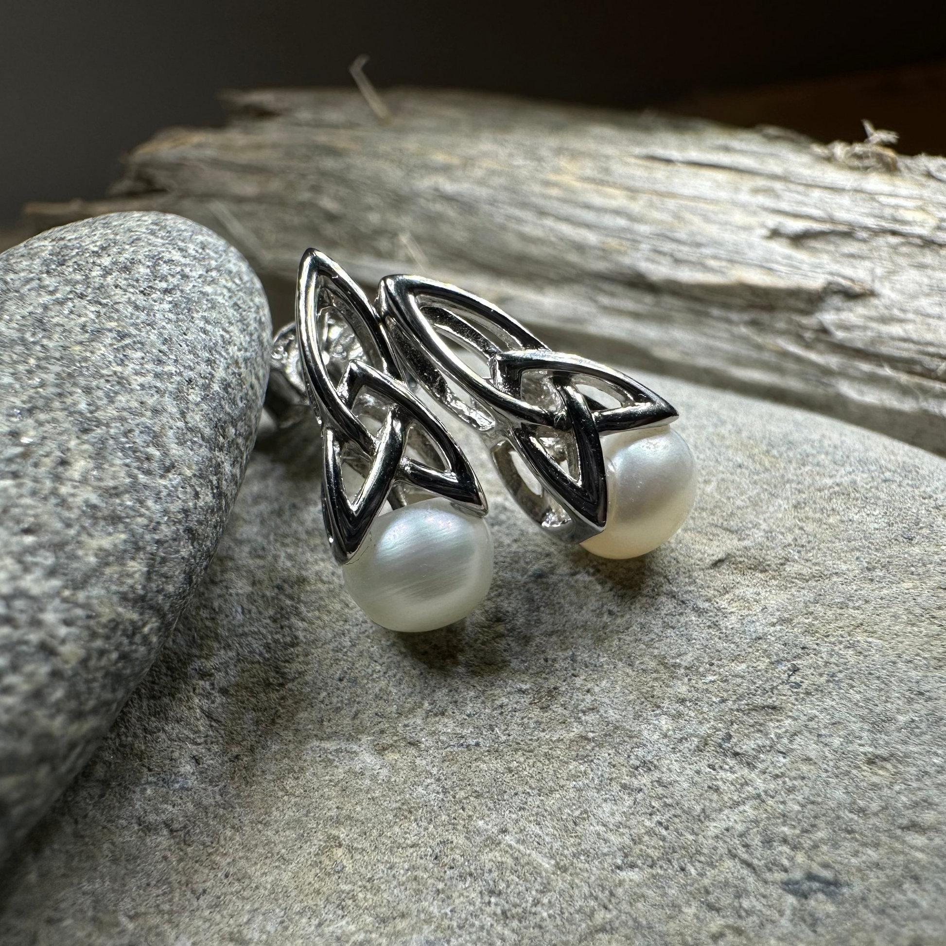 Trinity Knot Pearl Post Earring - Handmade in Ireland — view 9