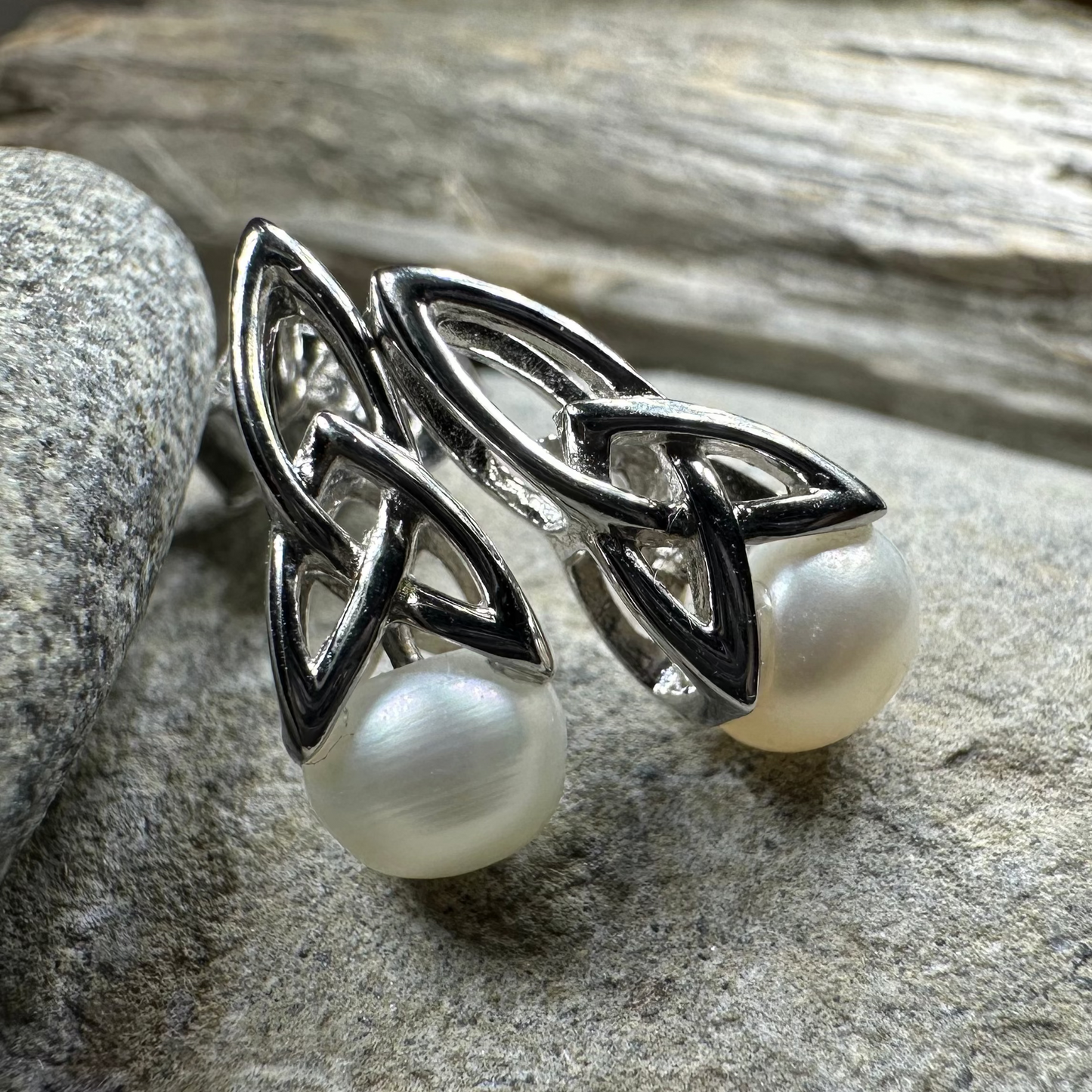Trinity Knot Pearl Post Earring - Handmade in Ireland — view 3
