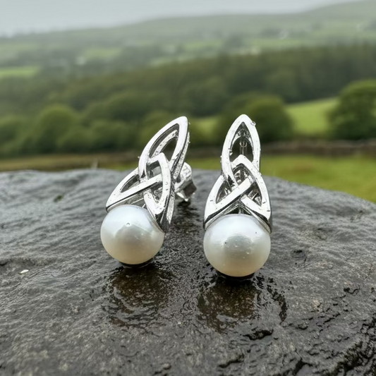 Trinity Knot Pearl Post Earring - Handmade in Ireland