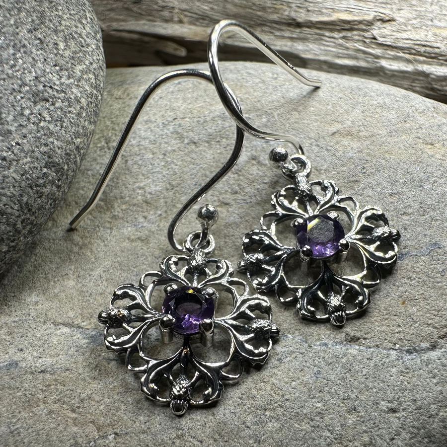 Nairn Scottish Thistle Earrings with Amethysts