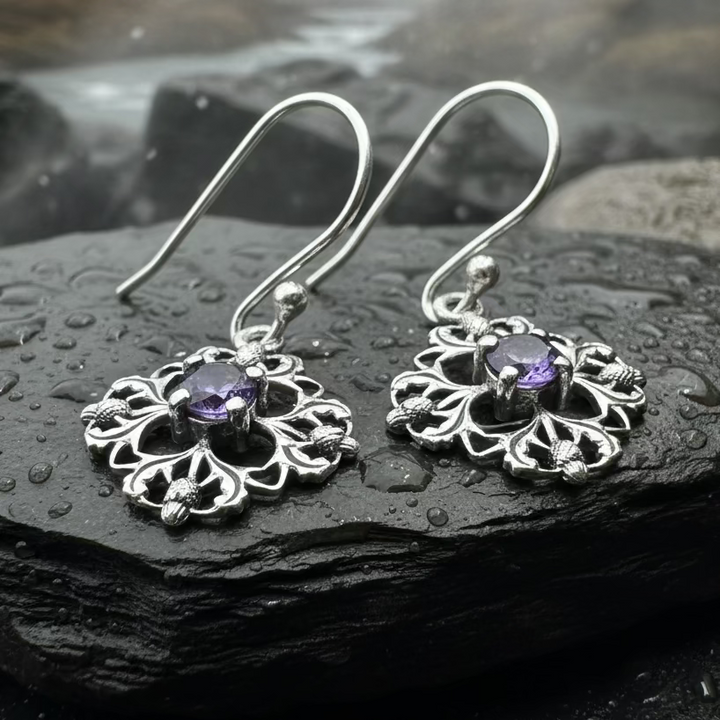 Nairn Scottish Thistle Earrings with Amethysts