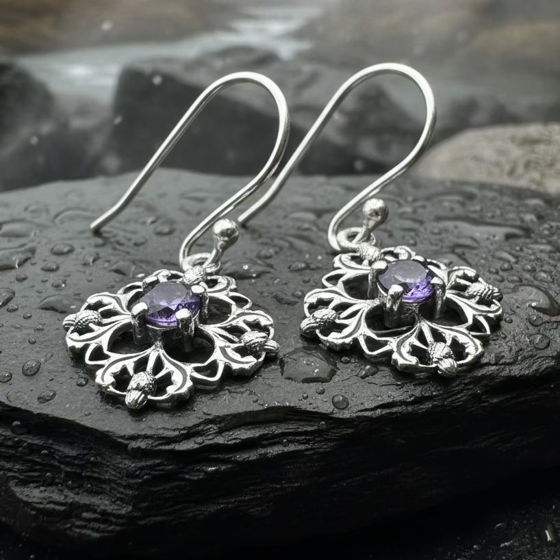 Nairn Scottish Thistle Earrings with Amethysts